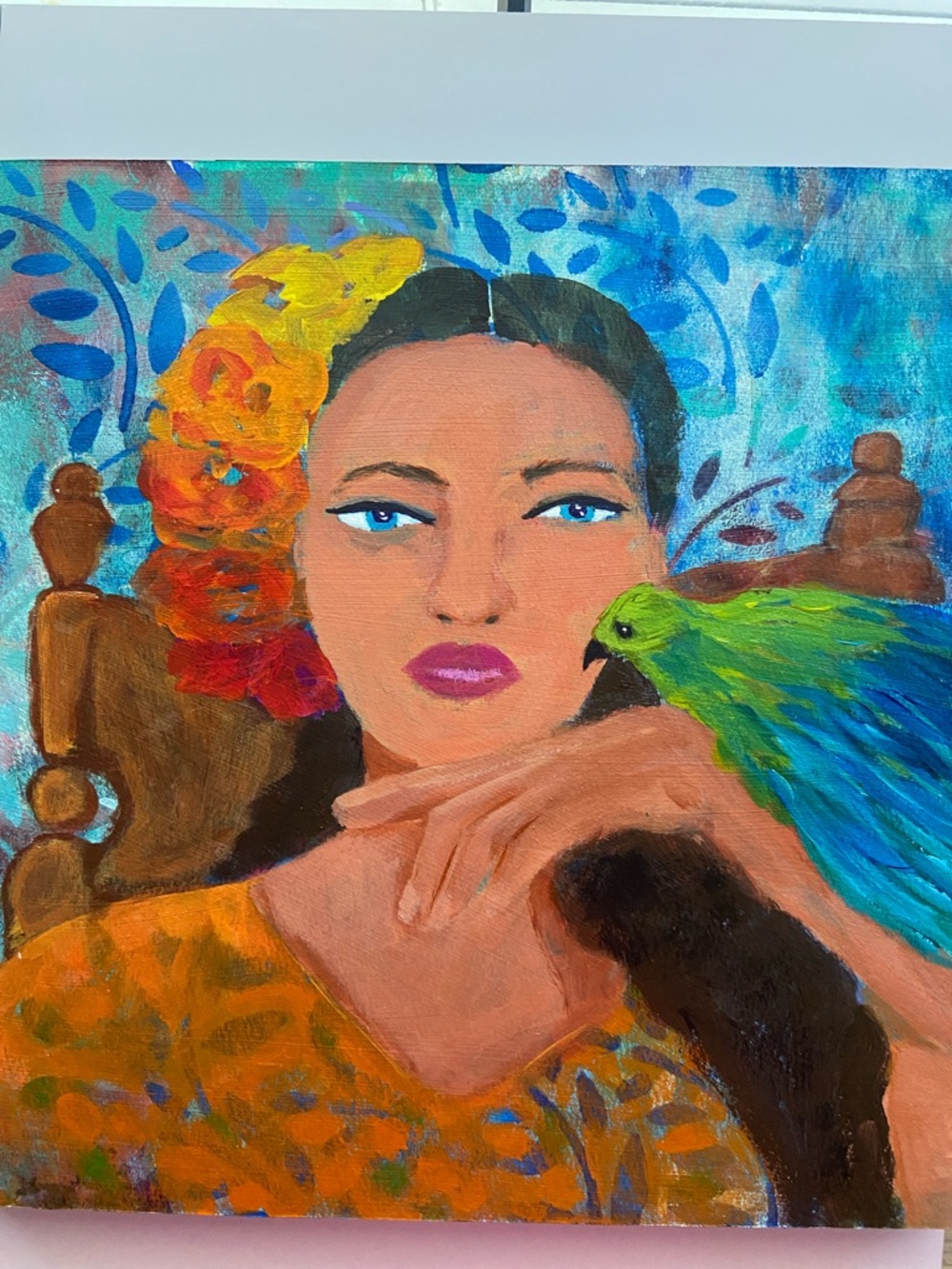 Island Paradise Original Acrylic painting  on wood Panel Tropical Woman & Parrot